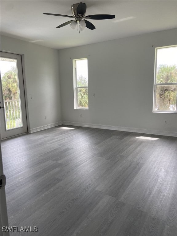 spare room featuring ceiling fan, hardwood / wood-style flooring, and a wealth of natural light