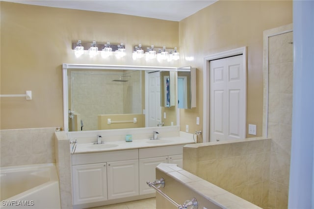 bathroom with tile patterned floors, vanity, and plus walk in shower