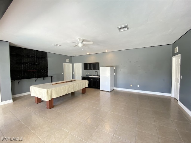 playroom featuring ceiling fan, light tile patterned floors, sink, and pool table