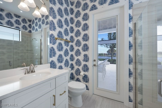 bathroom with vanity, toilet, a wealth of natural light, and a shower with door