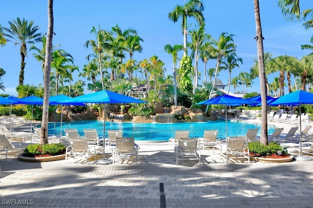 view of swimming pool with a patio