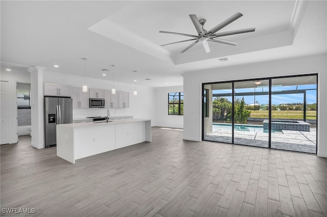 kitchen with a raised ceiling, hanging light fixtures, light hardwood / wood-style floors, and appliances with stainless steel finishes