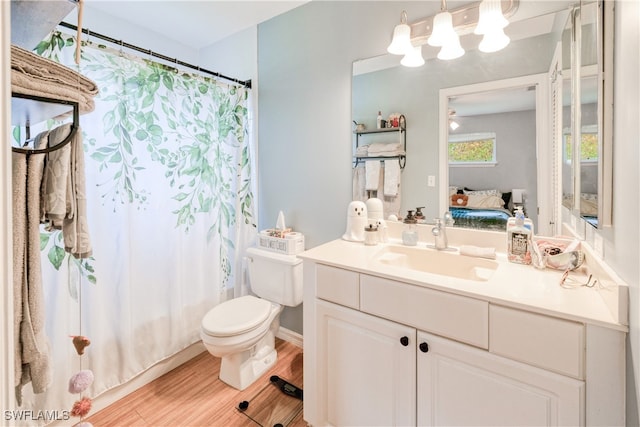 bathroom featuring vanity, curtained shower, toilet, and wood-type flooring