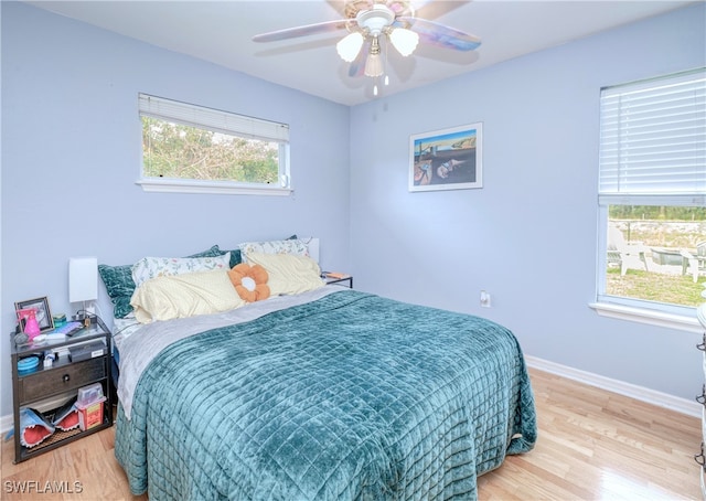 bedroom with ceiling fan and light wood-type flooring