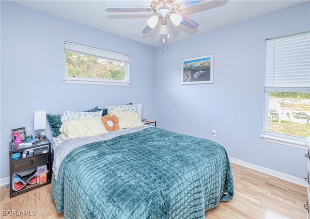 bedroom featuring light wood-type flooring and ceiling fan