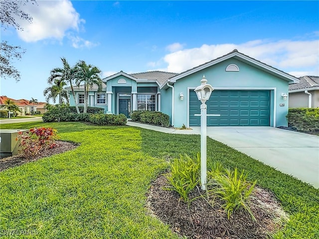 3452 Via Montana Way N, Fort Myers, FL 33917 - ranch-style house with a tile roof, concrete driveway, a front lawn, an attached garage, and stucco siding