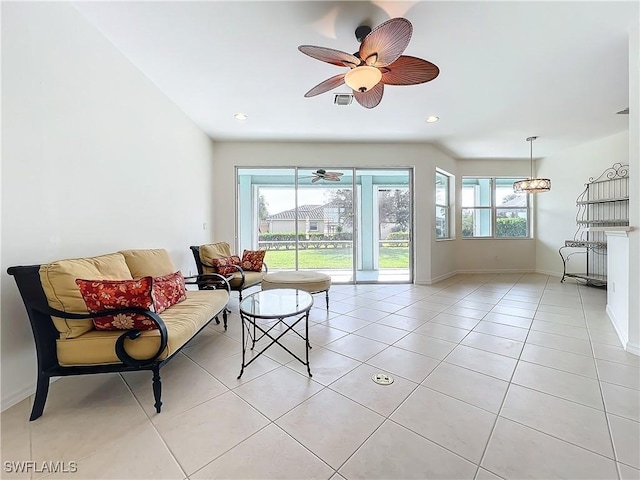 3452 Via Montana Way N, Fort Myers, FL 33917 - living room featuring light tile patterned floors, ceiling fan, baseboards, visible vents, and recessed lighting