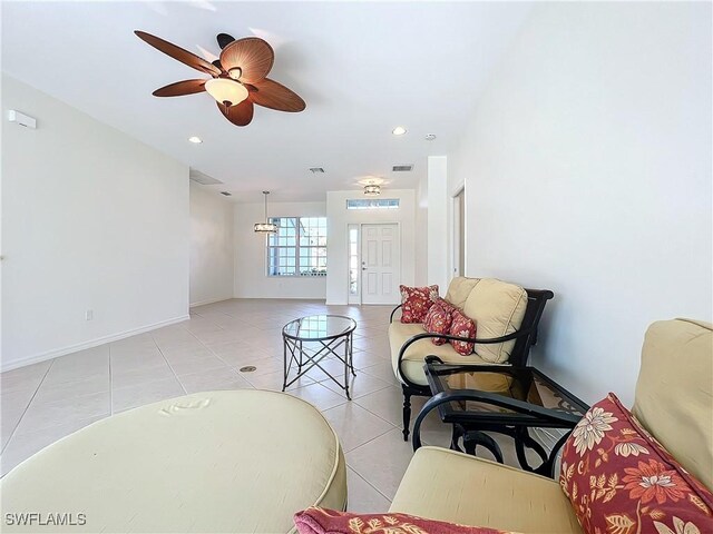 3452 Via Montana Way N, Fort Myers, FL 33917 - living room with baseboards, visible vents, recessed lighting, a ceiling fan, and light tile patterned floors