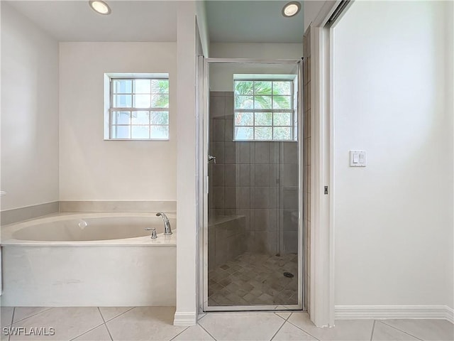 3452 Via Montana Way N, Fort Myers, FL 33917 - bathroom featuring recessed lighting, a shower stall, tile patterned floors, baseboards, and a garden tub