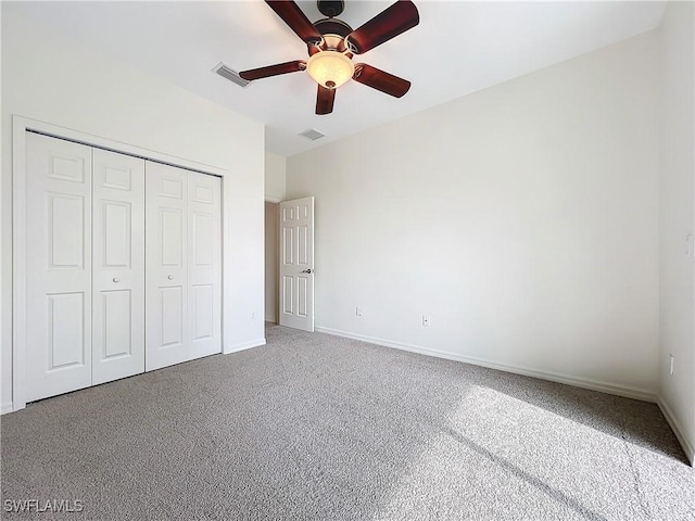 3452 Via Montana Way N, Fort Myers, FL 33917 - unfurnished bedroom with a closet, ceiling fan, baseboards, carpet flooring, and visible vents