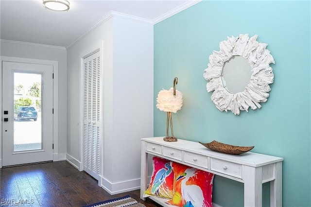 entrance foyer with plenty of natural light, crown molding, and dark wood-type flooring