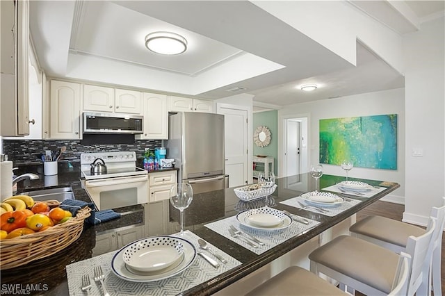 kitchen with appliances with stainless steel finishes, a raised ceiling, backsplash, and sink