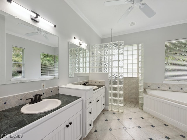 bathroom with ceiling fan, vanity, separate shower and tub, crown molding, and tile patterned flooring