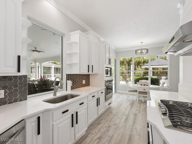 kitchen with ventilation hood, sink, decorative backsplash, appliances with stainless steel finishes, and white cabinetry