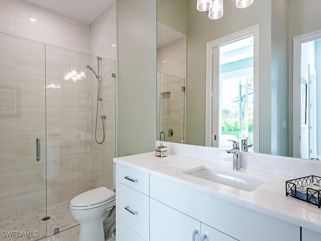 bathroom featuring vanity, toilet, and a shower with shower door