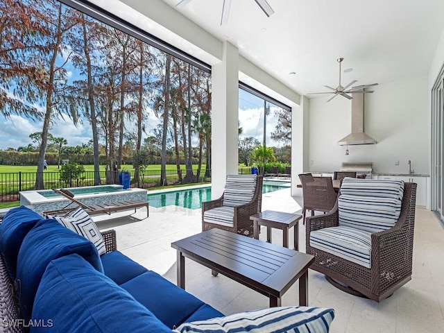 view of patio / terrace featuring ceiling fan, a swimming pool with hot tub, a grill, and an outdoor living space