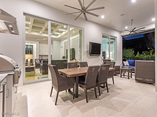 tiled dining area featuring beamed ceiling, coffered ceiling, and ceiling fan with notable chandelier