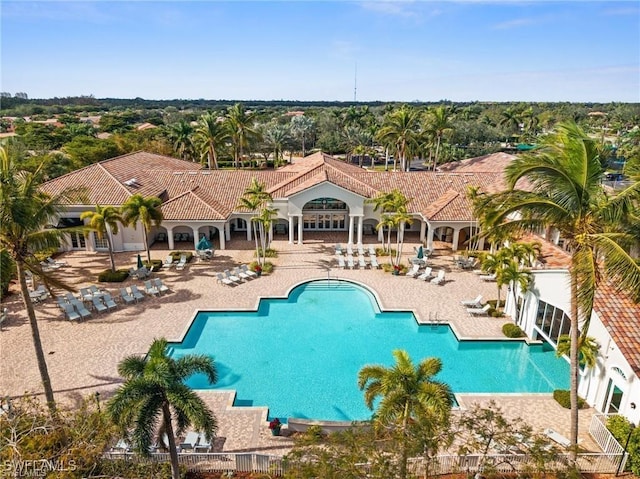 view of swimming pool featuring a patio area