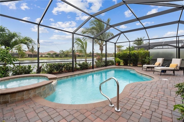 view of pool with glass enclosure, an in ground hot tub, a water view, and a patio