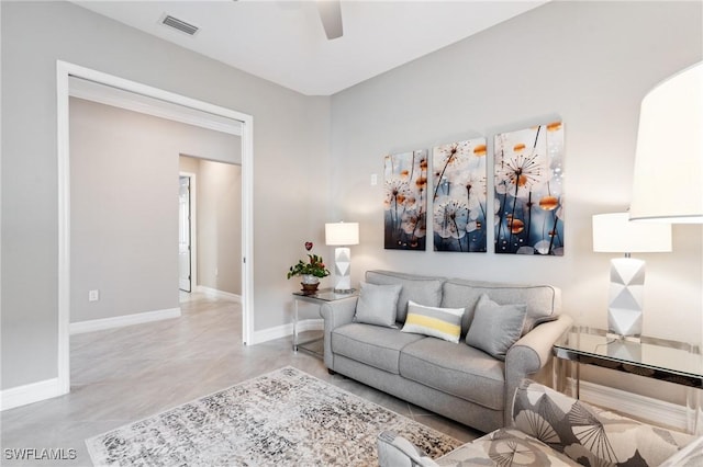 living room with ceiling fan