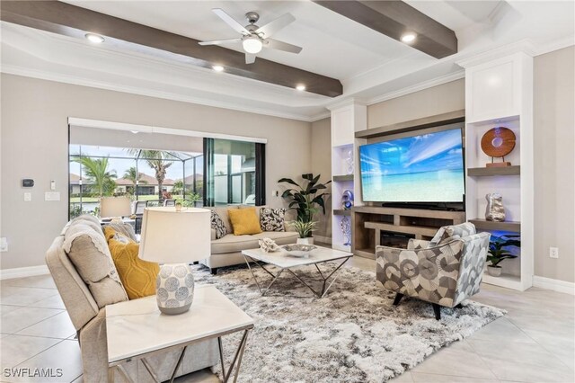 living room featuring beam ceiling, ceiling fan, crown molding, and light tile patterned floors