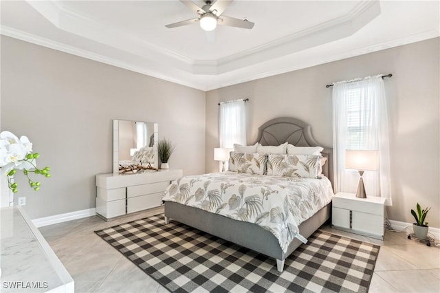 bedroom featuring light tile patterned floors, a raised ceiling, and ceiling fan