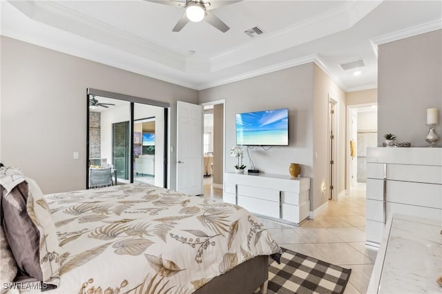 bedroom featuring access to outside, crown molding, ceiling fan, light tile patterned floors, and a tray ceiling