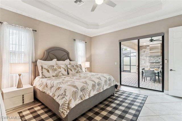 bedroom with access to exterior, ceiling fan, a raised ceiling, crown molding, and light tile patterned floors