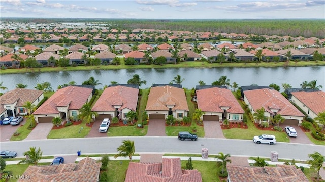 bird's eye view with a water view