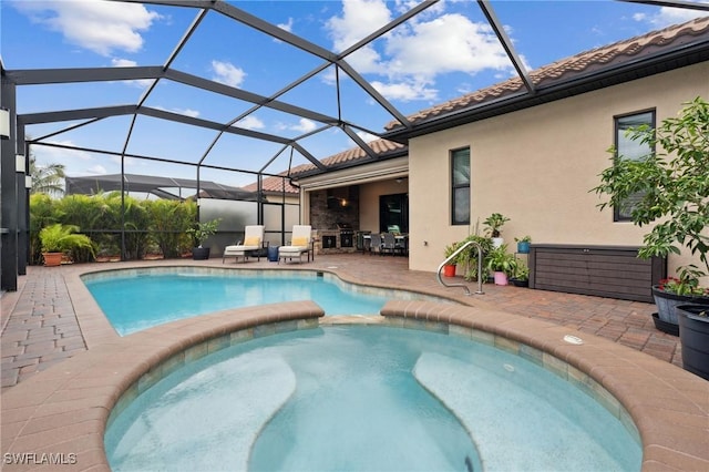 view of swimming pool with a patio area and glass enclosure