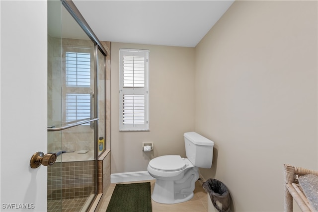 bathroom with toilet, radiator, and a shower with door