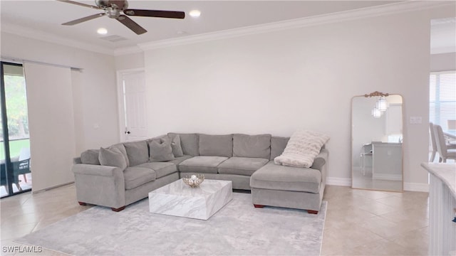 living room with crown molding, ceiling fan, and light tile patterned floors