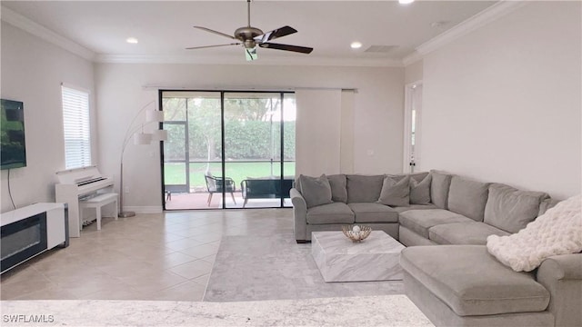 3195 Pacific Dr, Naples, FL 34119 - living area with baseboards, a ceiling fan, crown molding, recessed lighting, and light tile patterned flooring