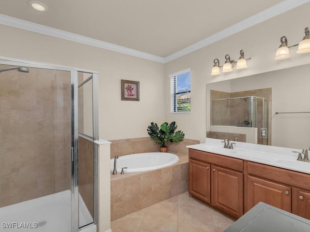 bathroom with crown molding, a sink, a shower stall, and a bath