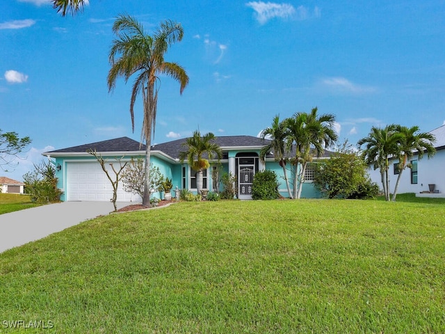 view of front of property featuring a garage and a front yard