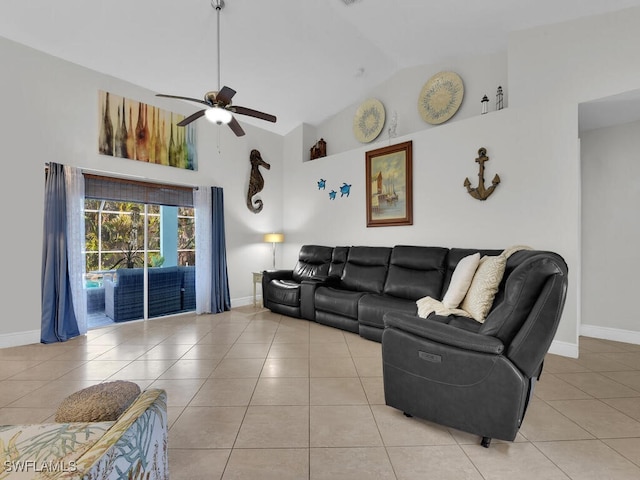 tiled living room with ceiling fan and high vaulted ceiling