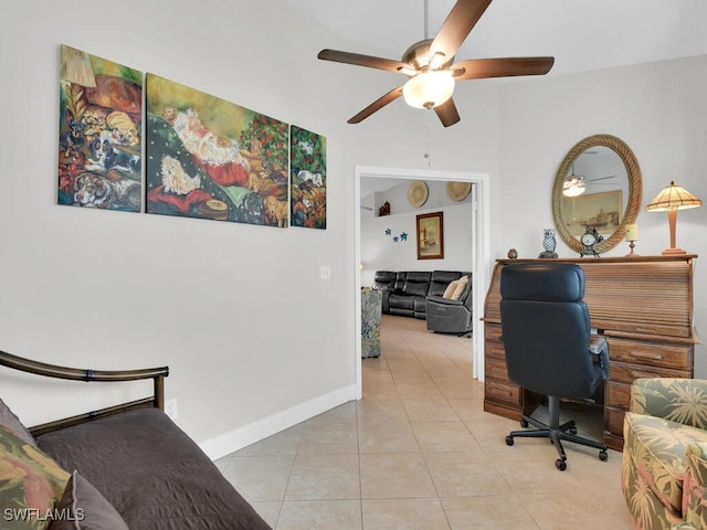 tiled home office with ceiling fan