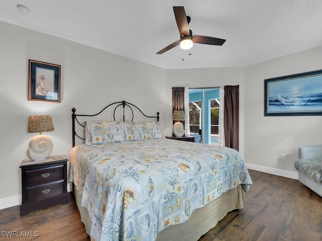 bedroom featuring dark hardwood / wood-style floors and ceiling fan