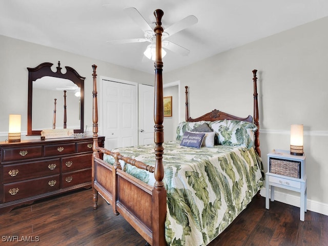 bedroom featuring ceiling fan, a closet, and dark hardwood / wood-style flooring