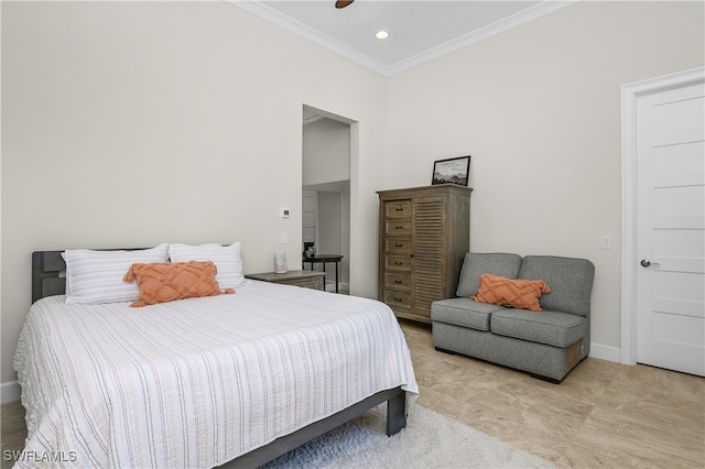 bedroom with crown molding and ceiling fan