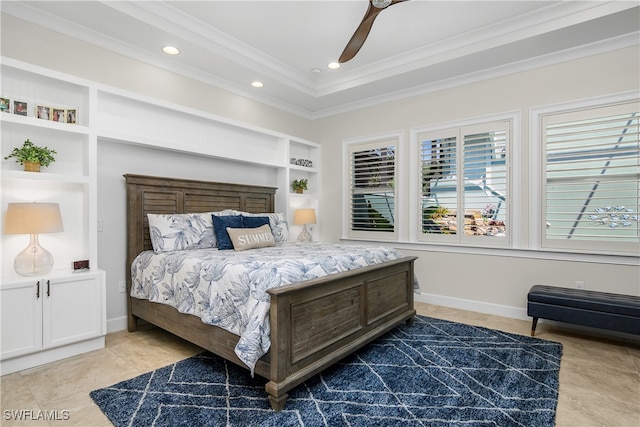 bedroom with ornamental molding, tile patterned floors, and ceiling fan