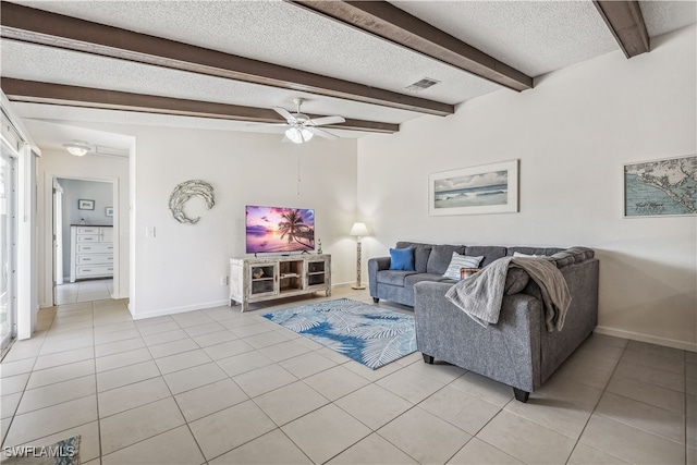 tiled living room featuring ceiling fan, a textured ceiling, and beam ceiling