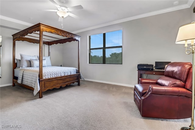 bedroom featuring ornamental molding, light carpet, and ceiling fan