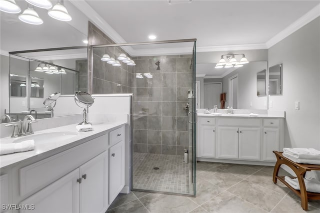 bathroom with walk in shower, vanity, tile patterned flooring, and ornamental molding