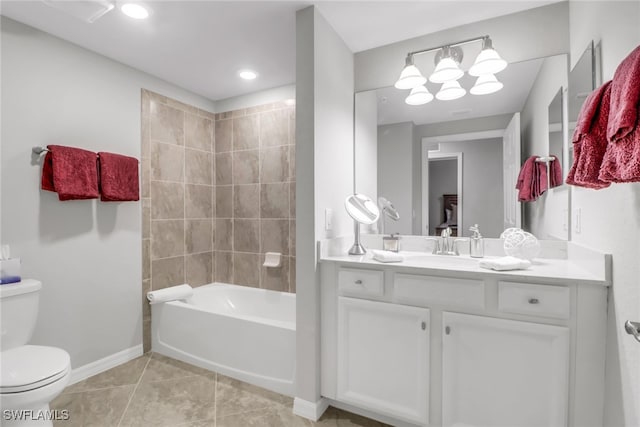 full bathroom with vanity, tiled shower / bath combo, toilet, and tile patterned floors