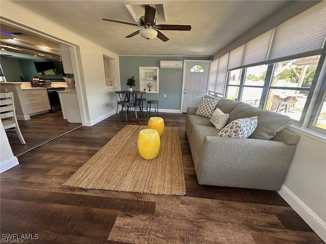 living room featuring ceiling fan and dark hardwood / wood-style flooring