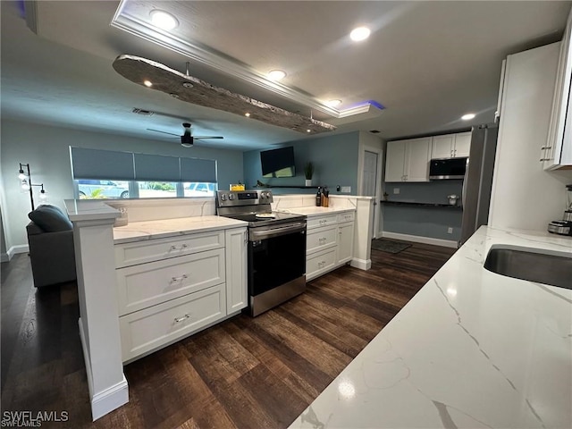 kitchen with light stone countertops, appliances with stainless steel finishes, ceiling fan, white cabinets, and dark wood-type flooring