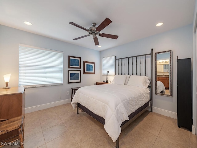 bedroom with light tile patterned floors and ceiling fan