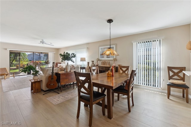 dining space with light wood-type flooring and ceiling fan