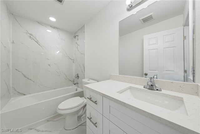 full bathroom with toilet, tiled shower / bath combo, and vanity